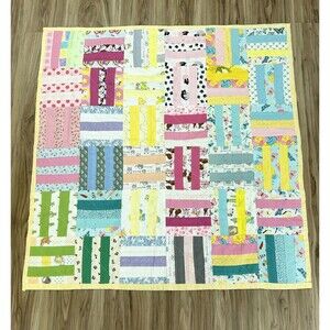 Hello Kitty Quilt Baby Blanket Handmade Pink Yellow Stars Teal 40”x40” New